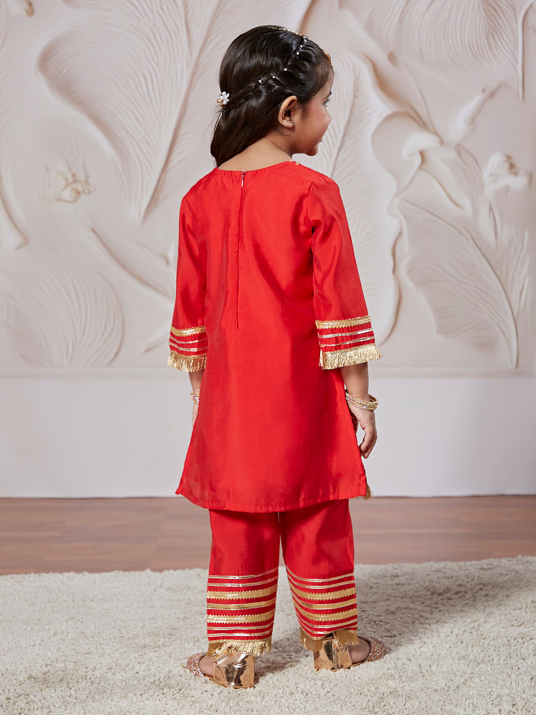 Red Silk Blend Wedding Wear Girls Kurta Set