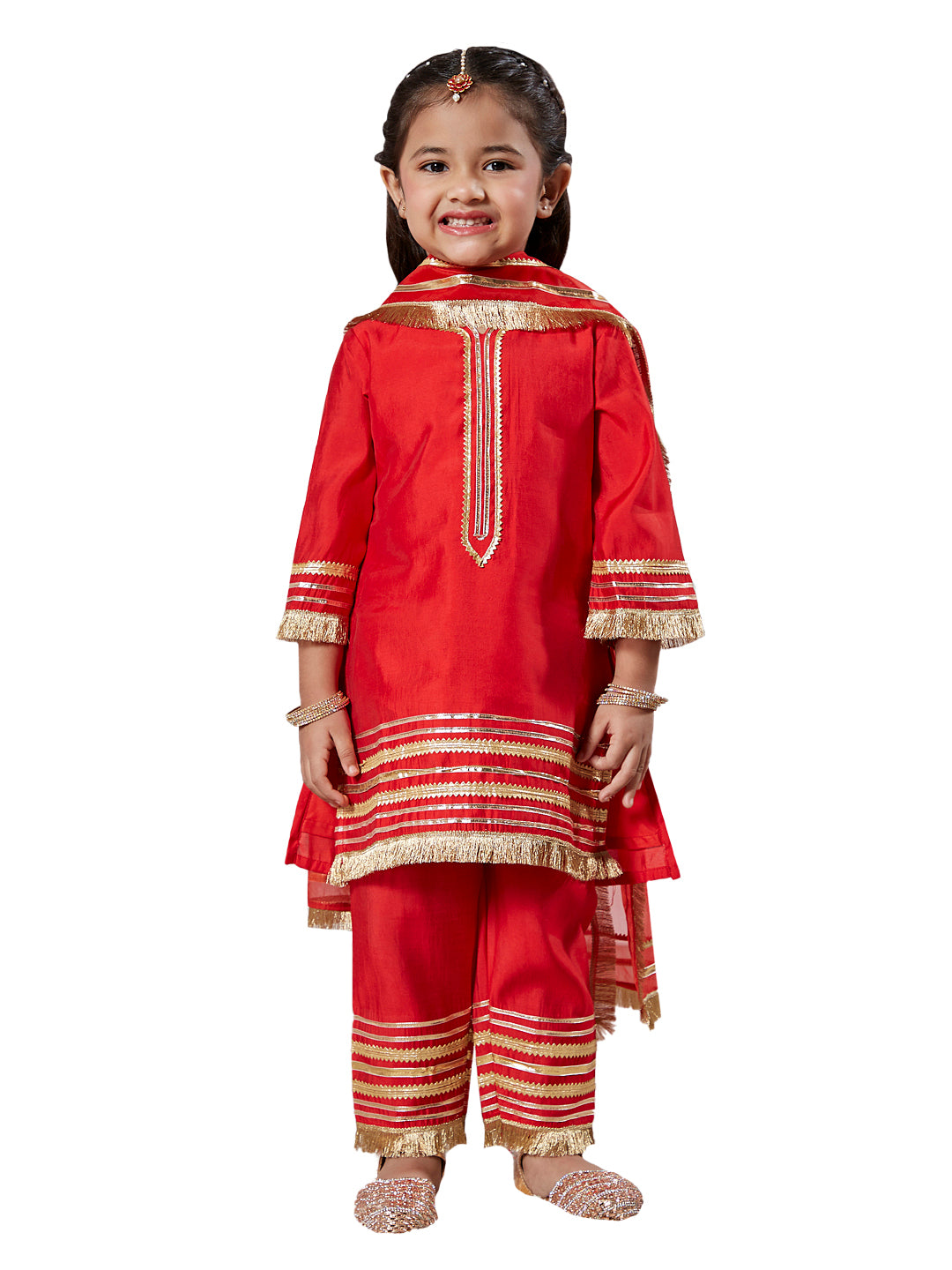 Red Silk Blend Wedding Wear Girls Kurta Set