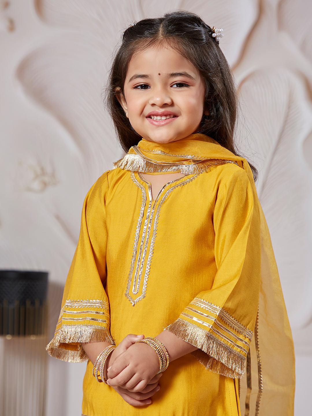 Yellow Silk Blend Wedding Wear Girls Kurta Set