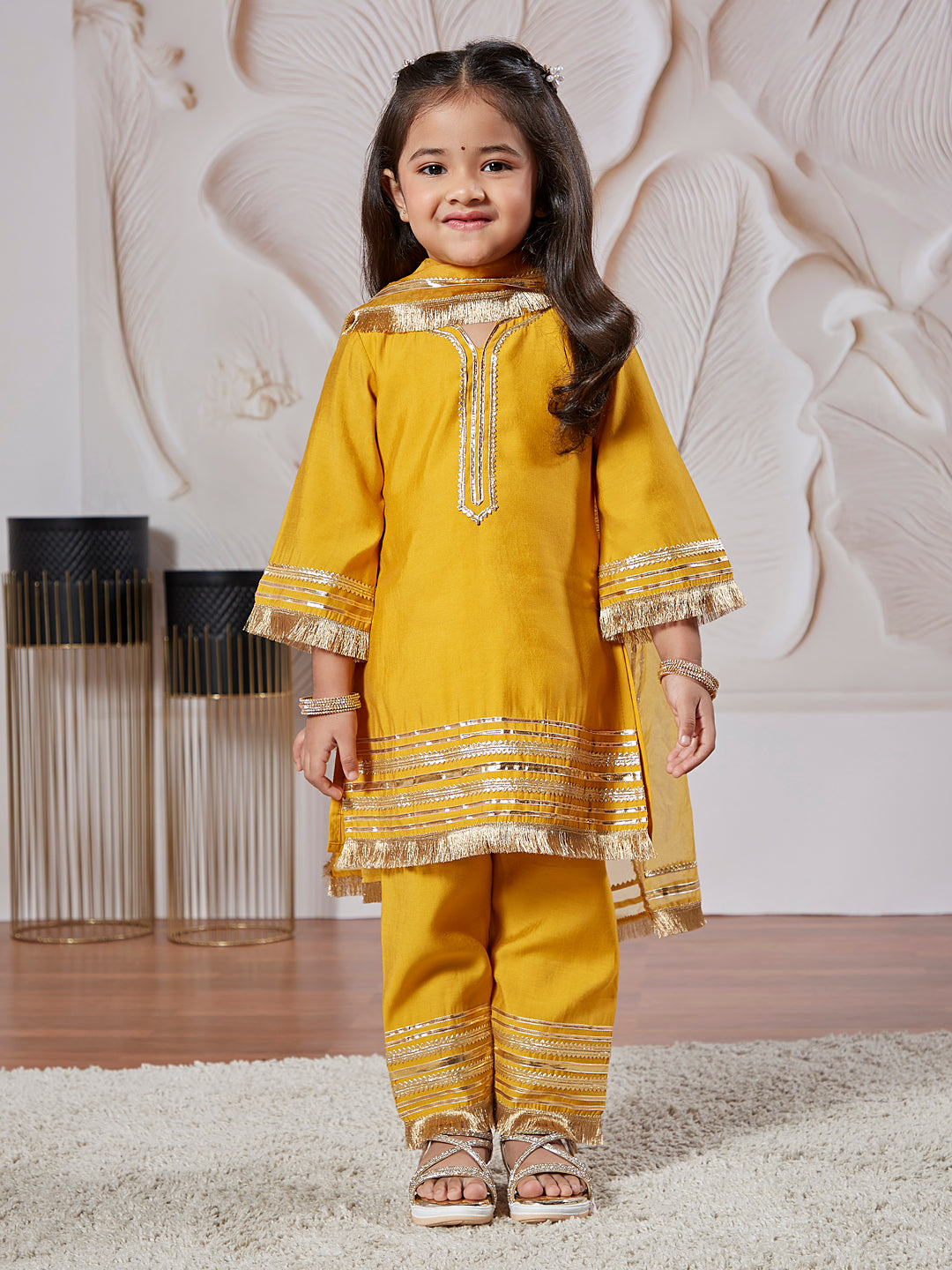 Yellow Silk Blend Wedding Wear Girls Kurta Set