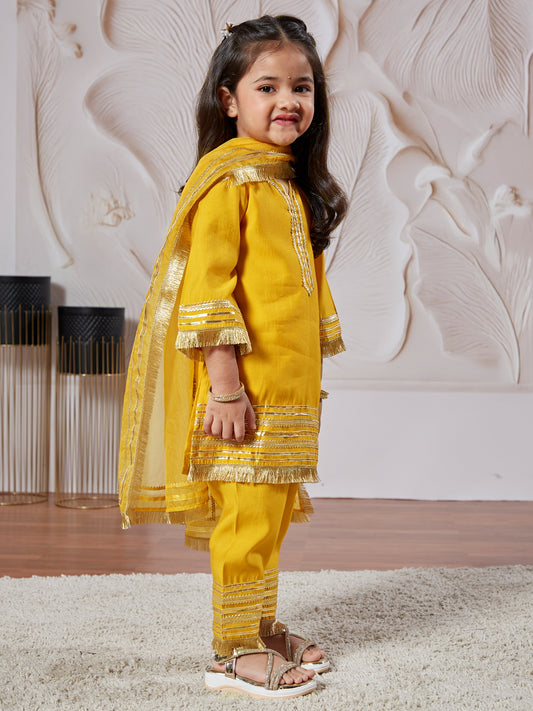 Yellow Silk Blend Wedding Wear Girls Kurta Set