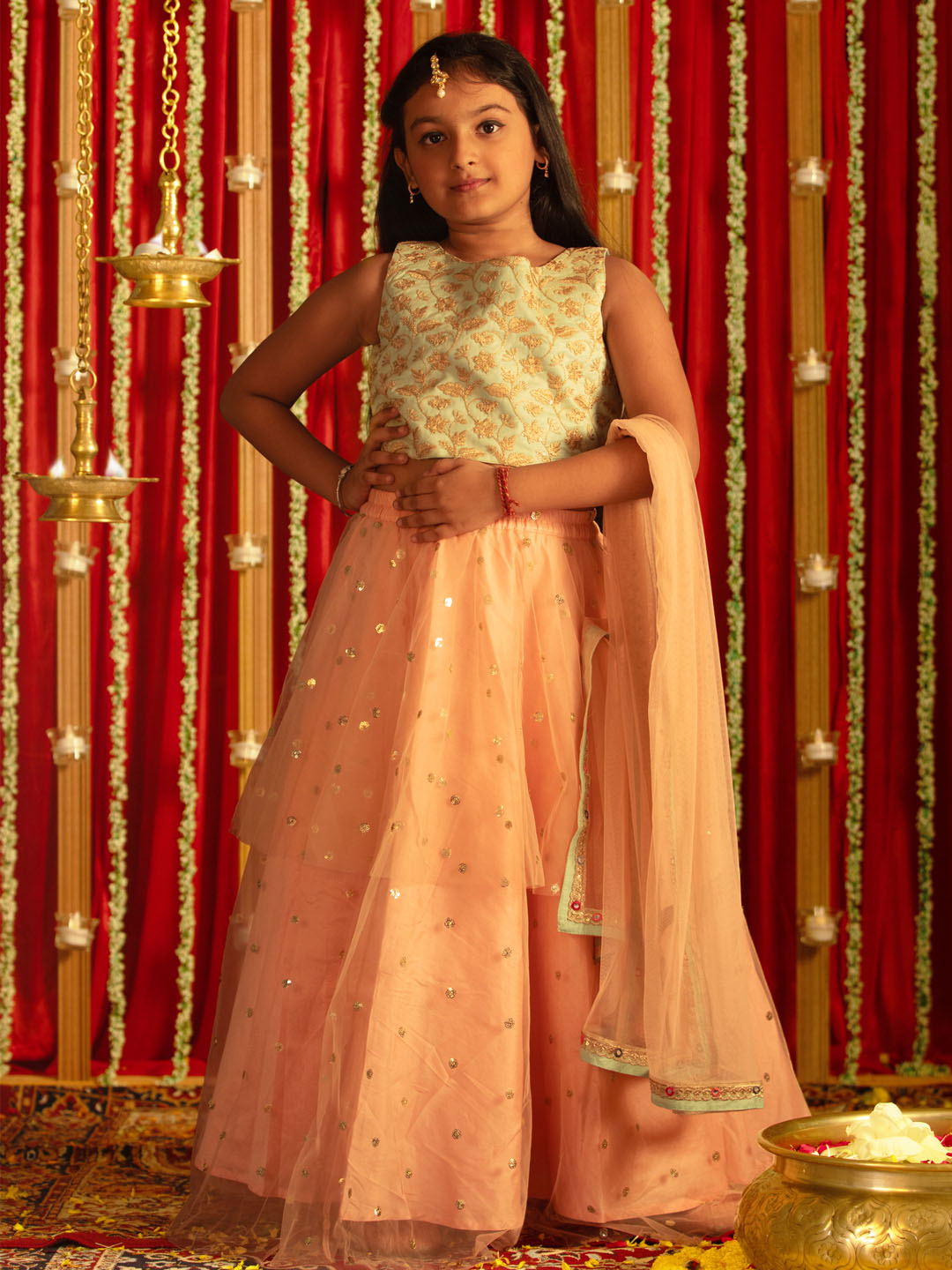 Girls' Mint Green Zari Embroidery Worked Crop Top And Net Lehenga Set