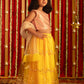 Girls' Pink Crop Top And Yellow Net Lehenga With Ruffled Dupatta Set