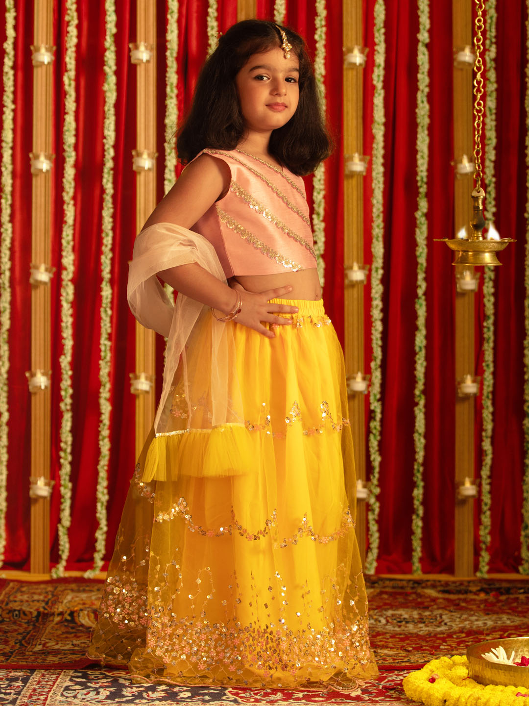 Girls' Pink Crop Top And Yellow Net Lehenga With Ruffled Dupatta Set