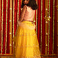 Girls' Pink Crop Top And Yellow Net Lehenga With Ruffled Dupatta Set