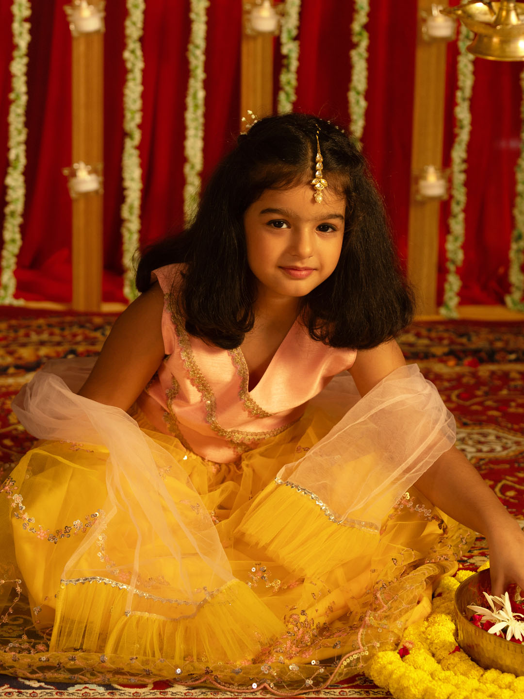 Girls' Pink Crop Top And Yellow Net Lehenga With Ruffled Dupatta Set