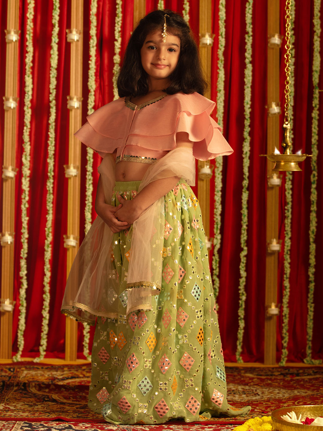 Girl's' Green And Pink Georgette Lehenga Set