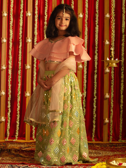 Girl's' Green And Pink Georgette Lehenga Set