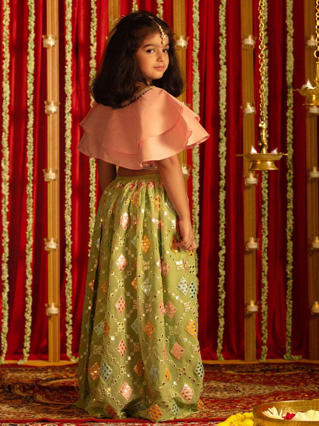 Girl's' Green And Pink Georgette Lehenga Set
