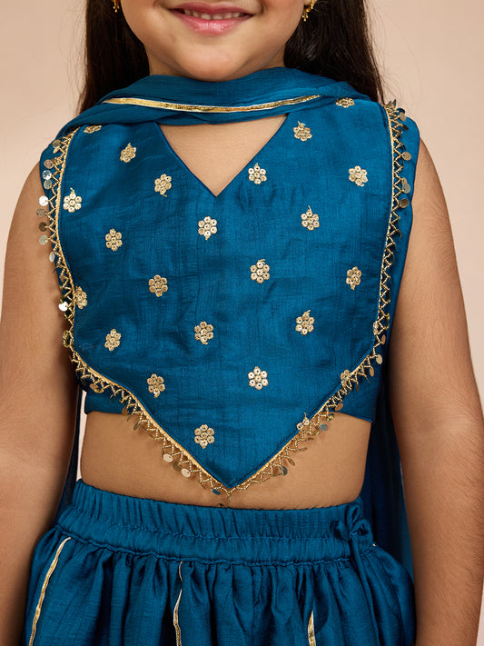 Turquoise Satin Wedding Wear Girls Lehenga Choli Set
