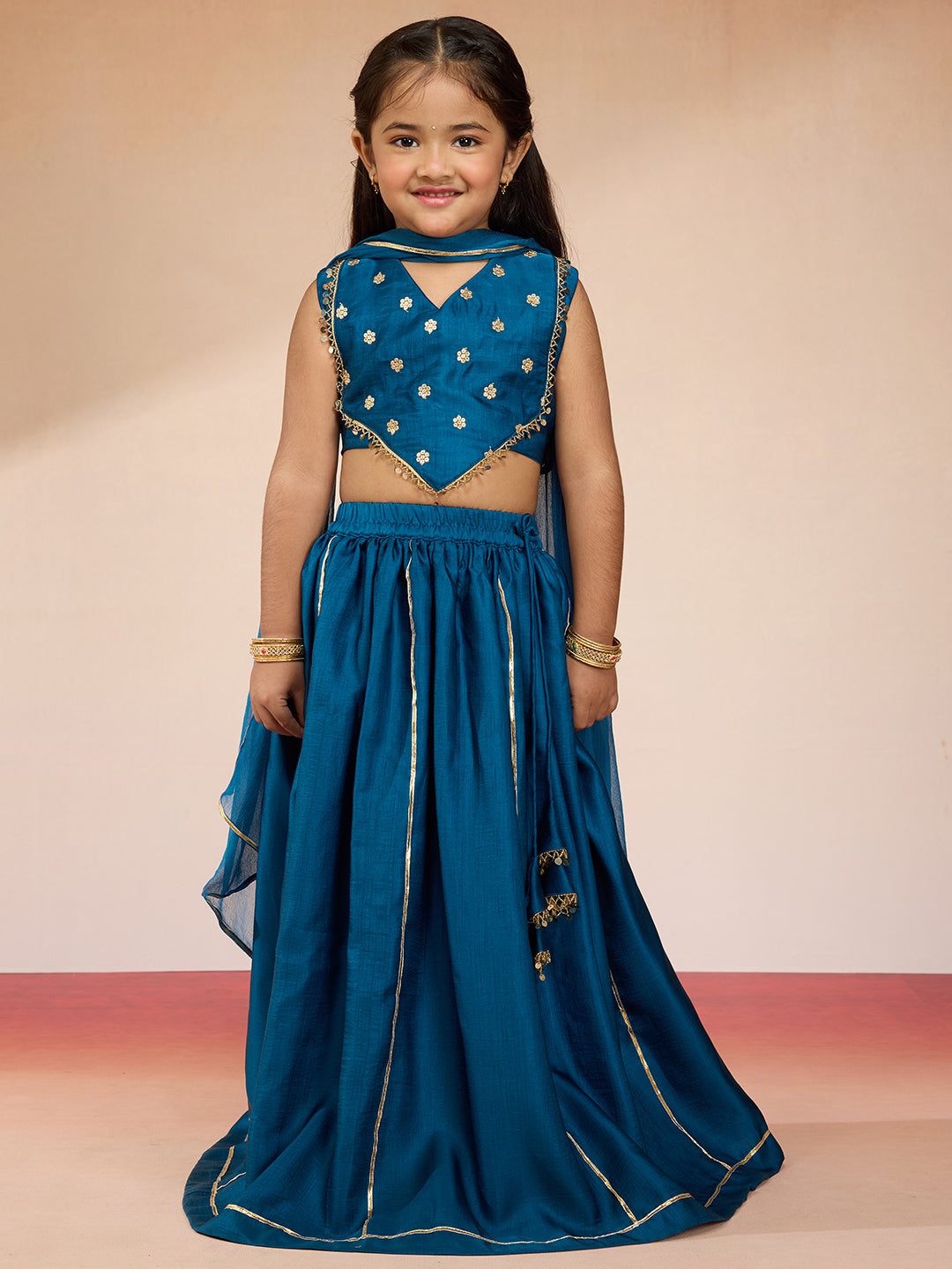 Turquoise Satin Wedding Wear Girls Lehenga Choli Set