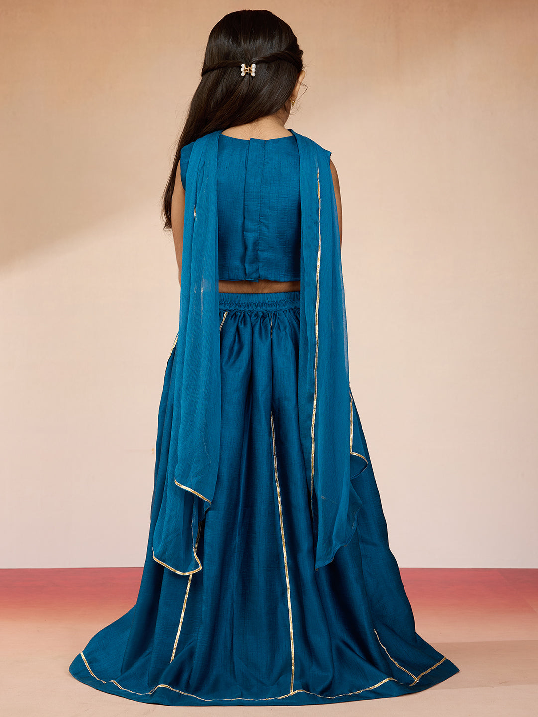 Turquoise Satin Wedding Wear Girls Lehenga Choli Set