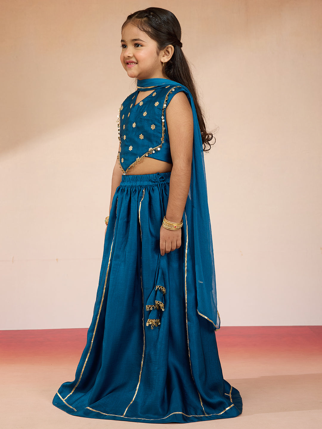 Turquoise Satin Wedding Wear Girls Lehenga Choli Set