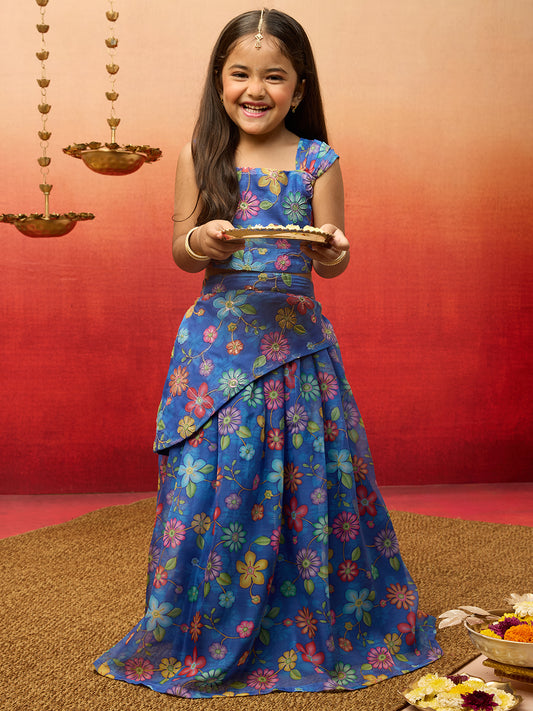 Blue Organza Wedding Wear Girls Lehenga Choli Set