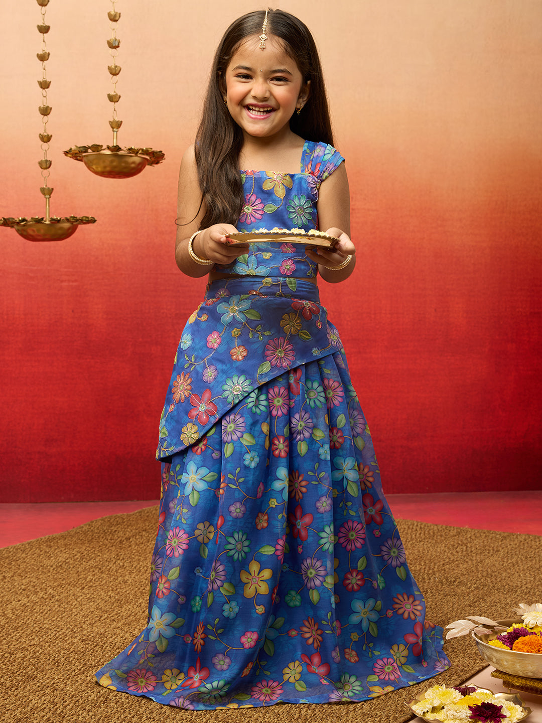 Organza Lehenga Set with Choli for Girls | Blue | Diwali