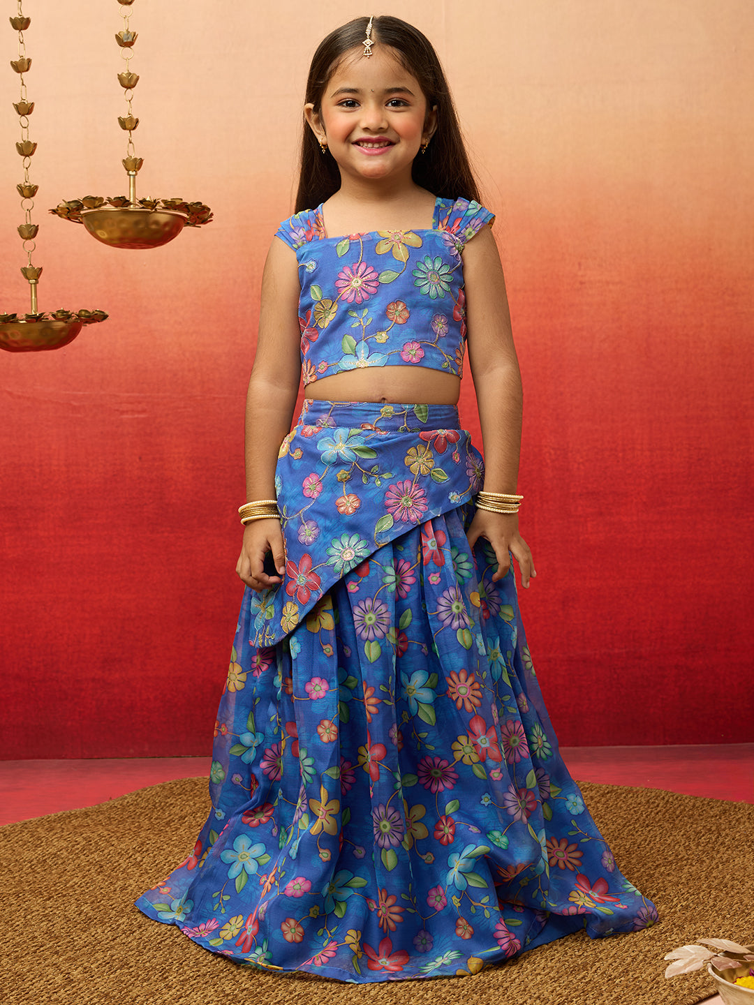 Organza Lehenga Set with Choli for Girls | Blue | Diwali
