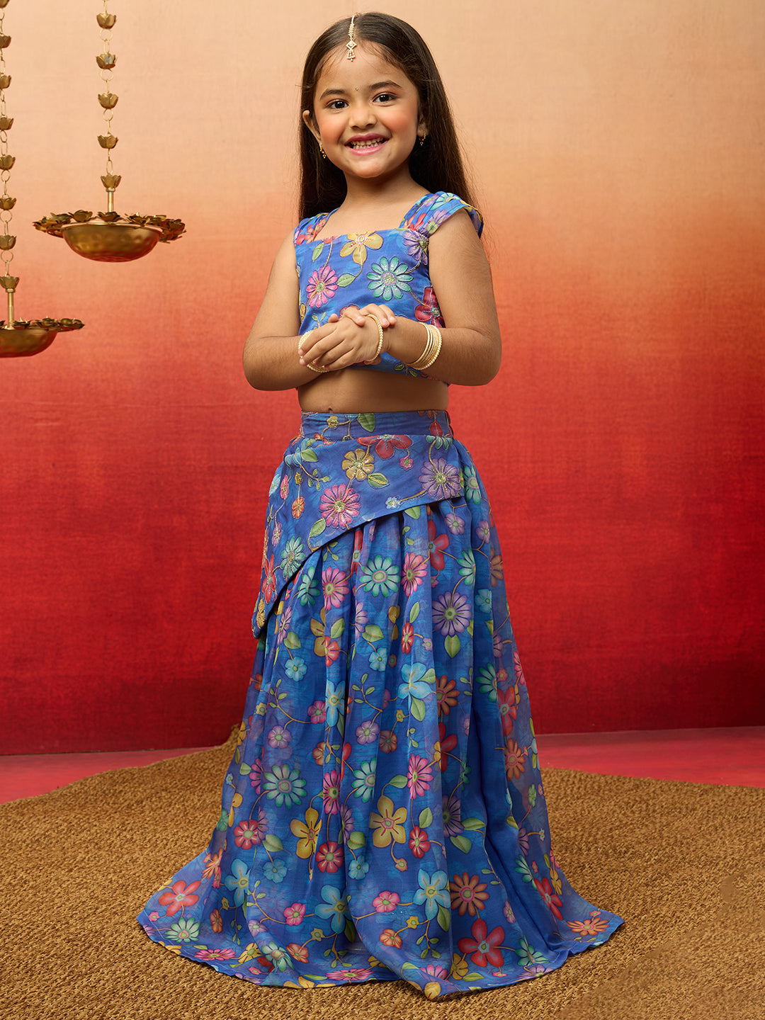 Organza Lehenga Set with Choli for Girls | Blue | Diwali