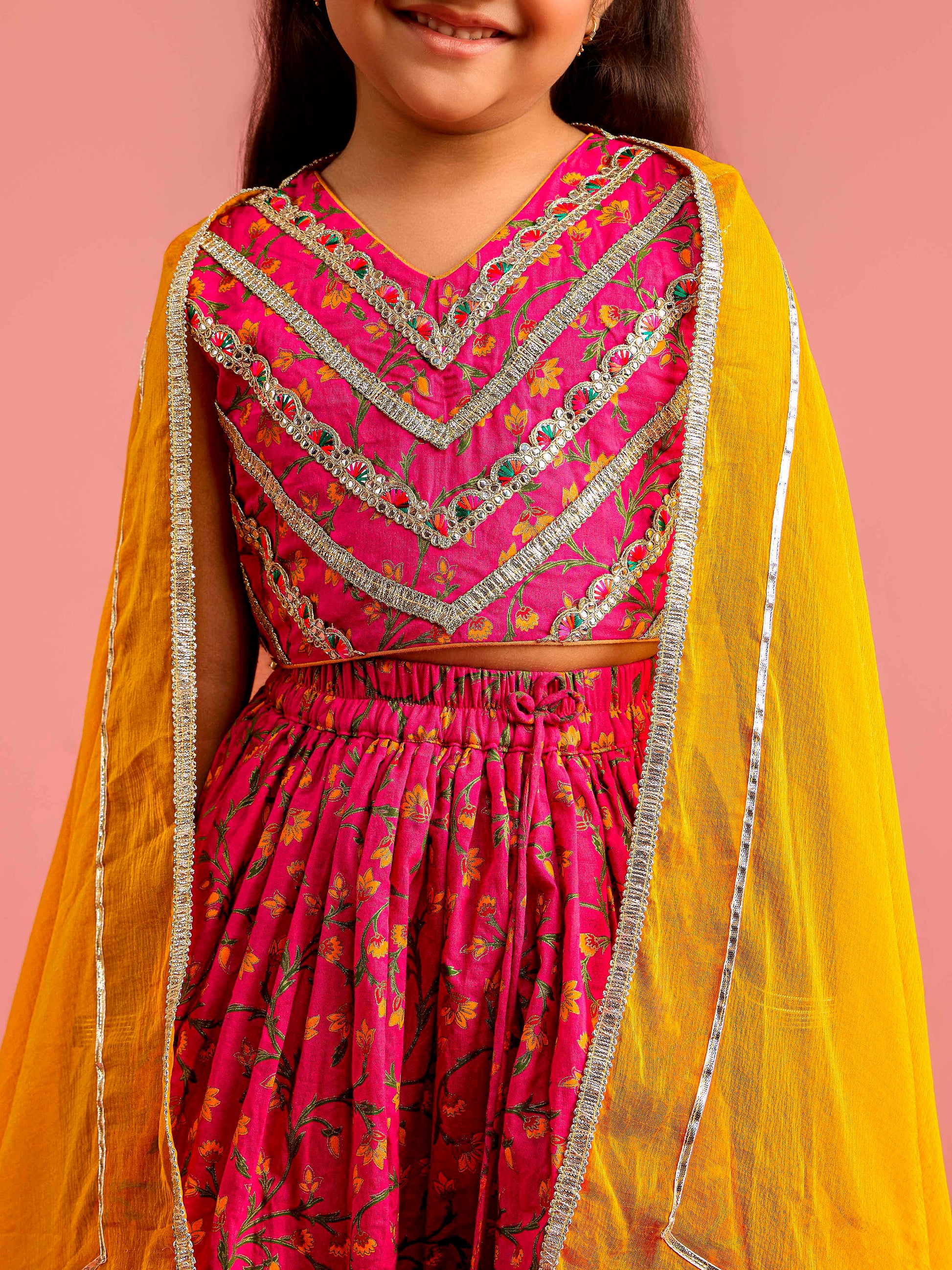Pink Cambric Cotton Wedding Wear Girls Lehenga Choli Set