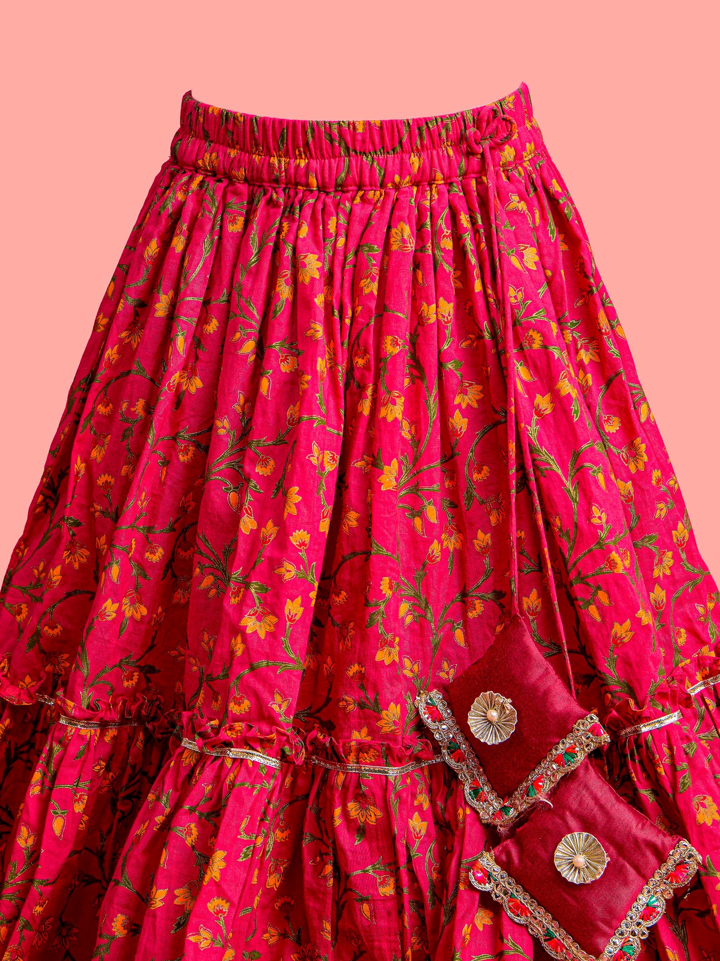 Pink Cambric Cotton Wedding Wear Girls Lehenga Choli Set