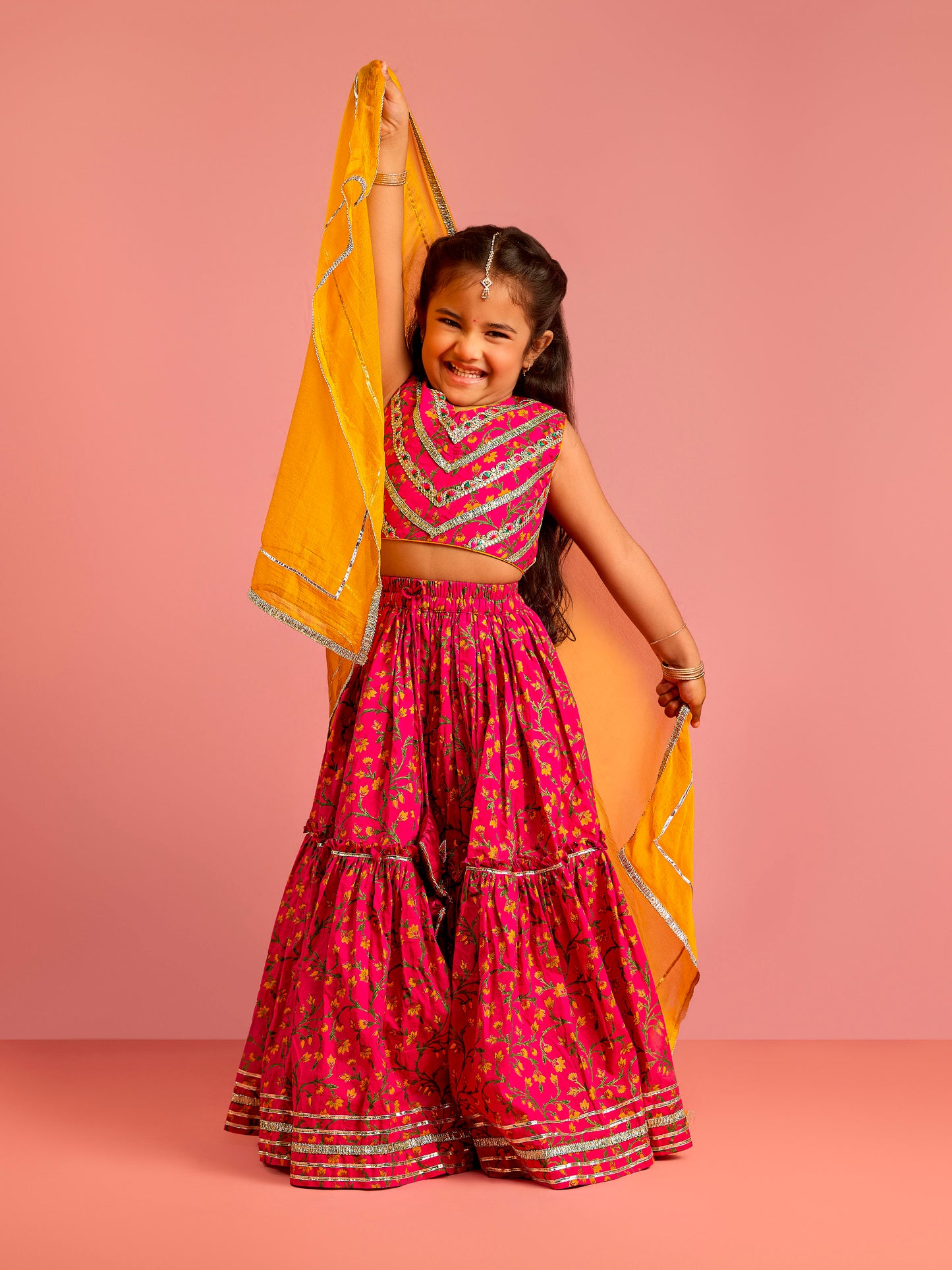 Pink Cambric Cotton Wedding Wear Girls Lehenga Choli Set