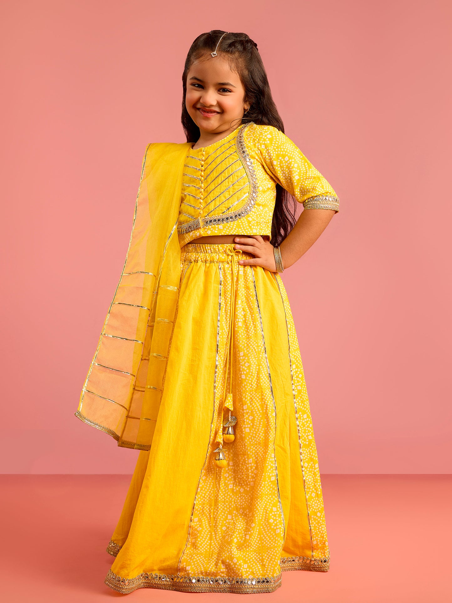 Yellow Cambric Cotton Wedding Wear Girls Lehenga Choli Set
