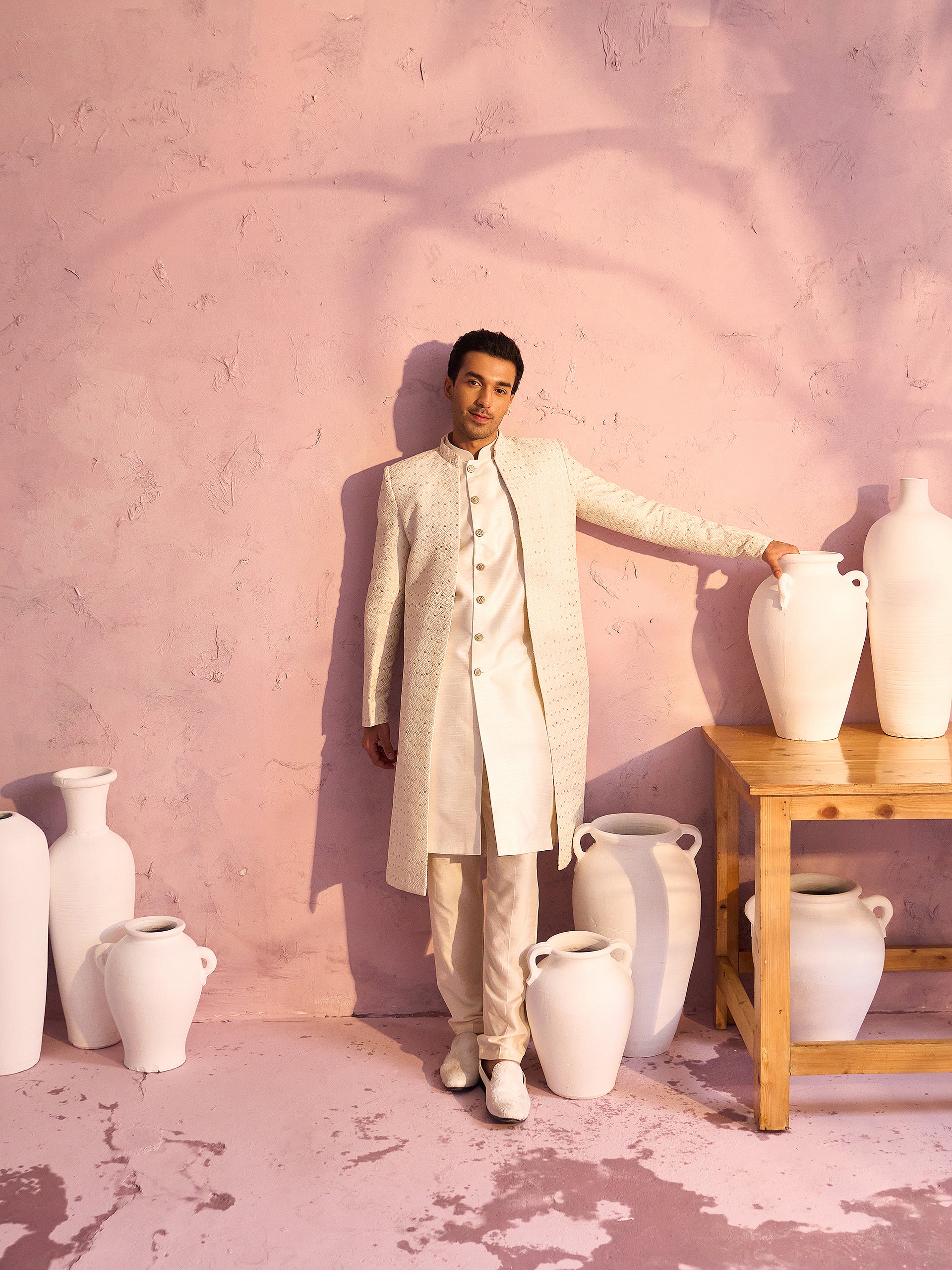 Cream Silk Blend Wedding Wear Men's Indo Western Set