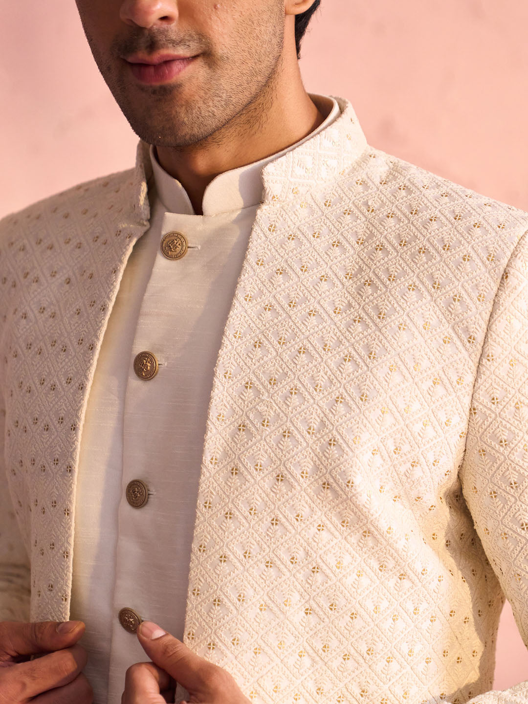 Cream Silk Blend Wedding Wear Men's Indo Western Set
