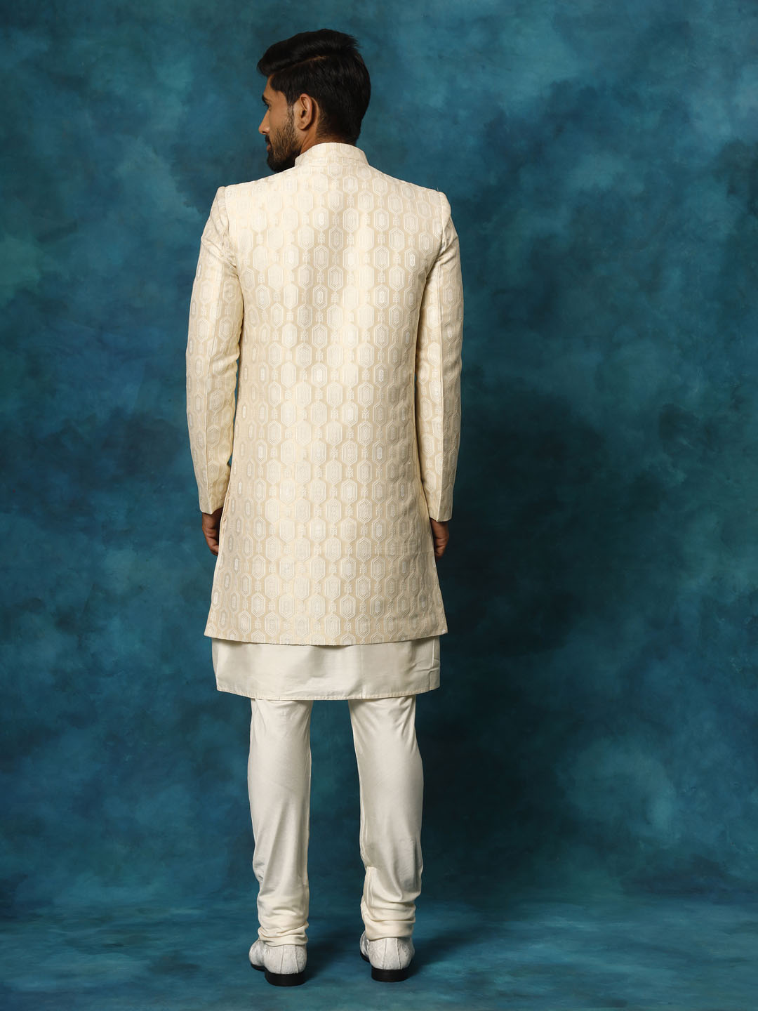 Beige Silk Blend Wedding Men's Indo Western Set