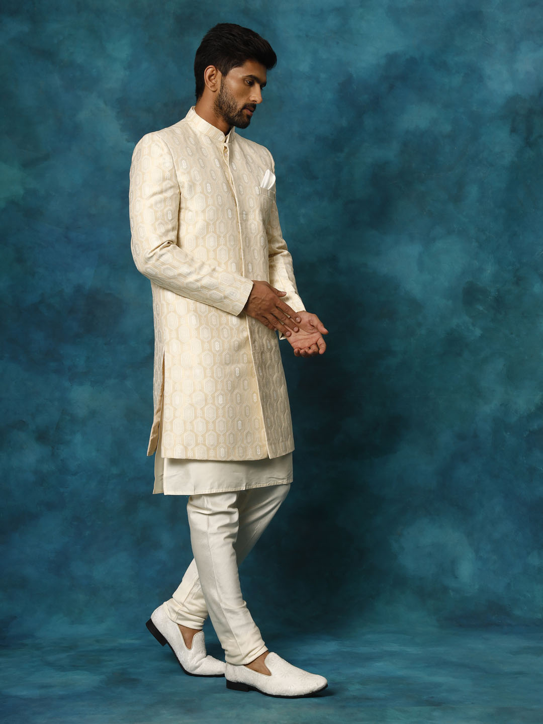 Beige Silk Blend Wedding Men's Indo Western Set