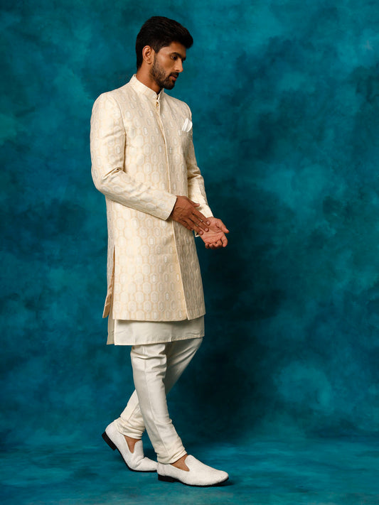 Beige Silk Blend Wedding Men's Indo Western Set