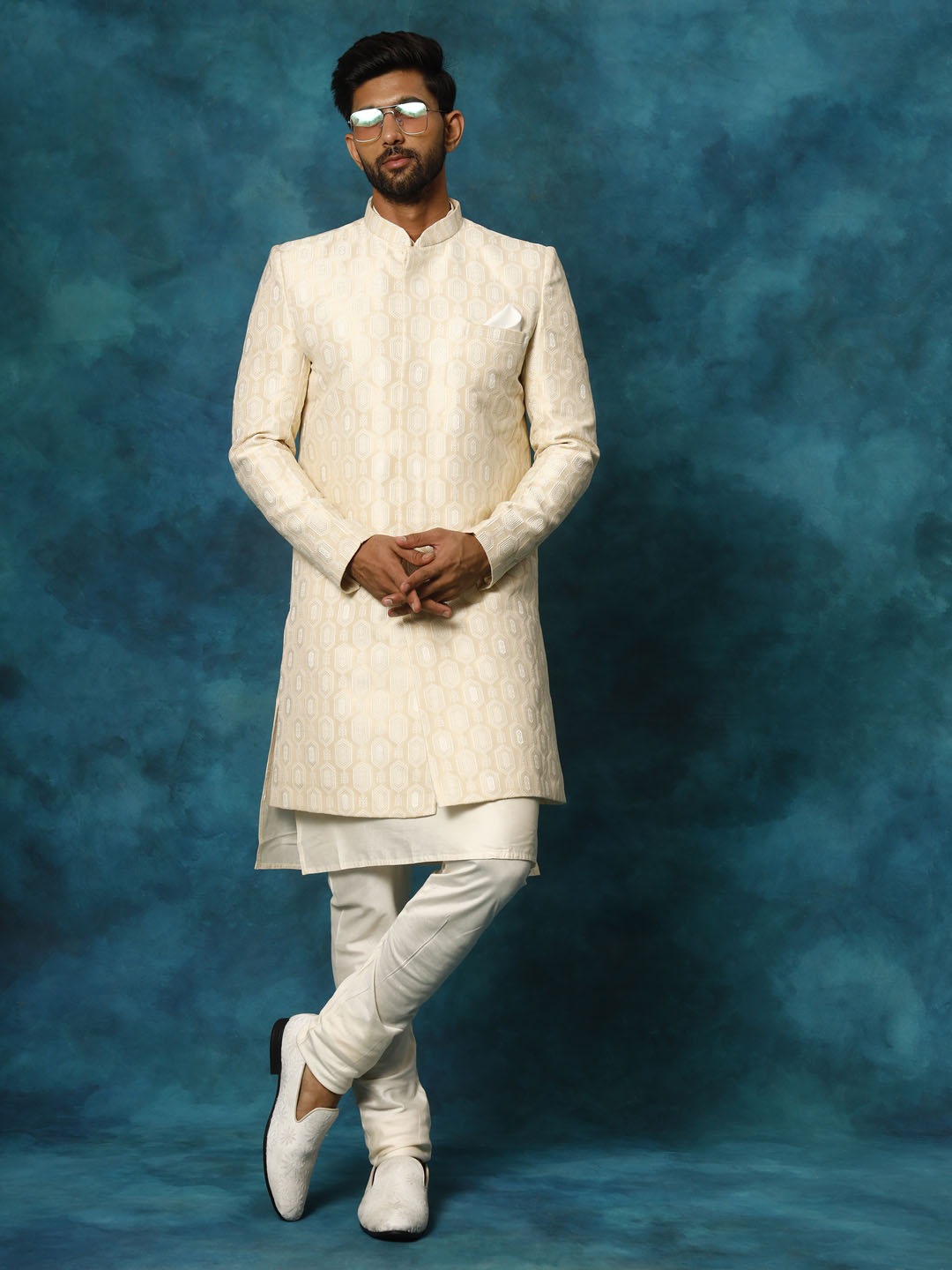Beige Silk Blend Wedding Men's Indo Western Set