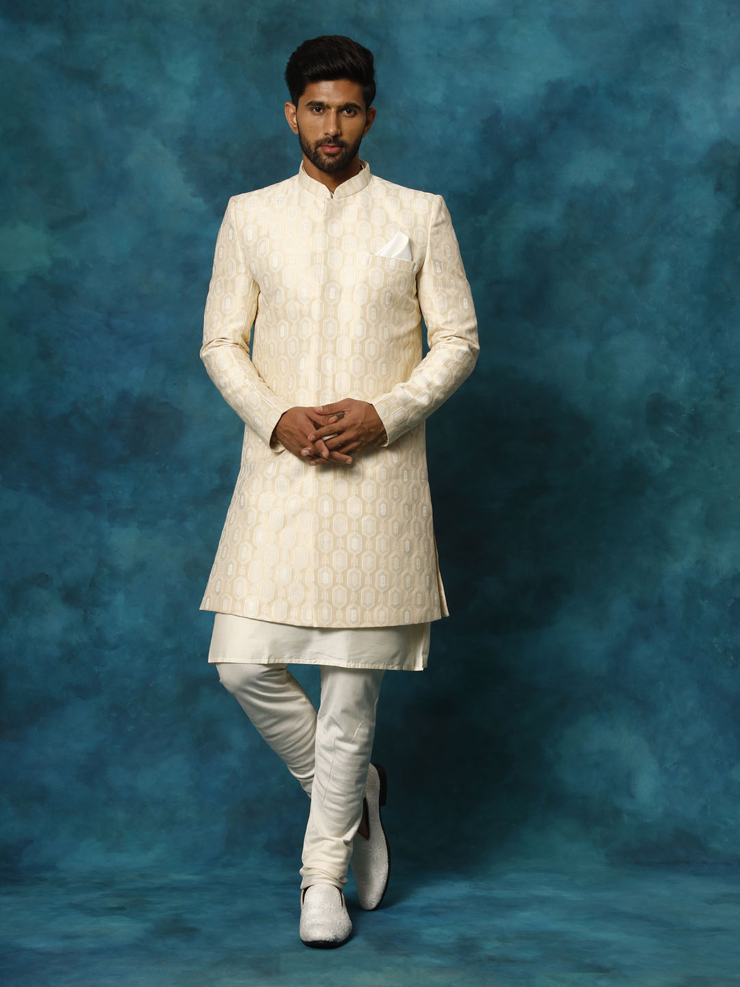 Beige Silk Blend Wedding Men's Indo Western Set