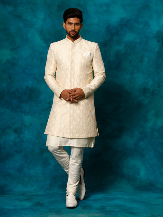 Beige Silk Blend Wedding Men's Indo Western Set