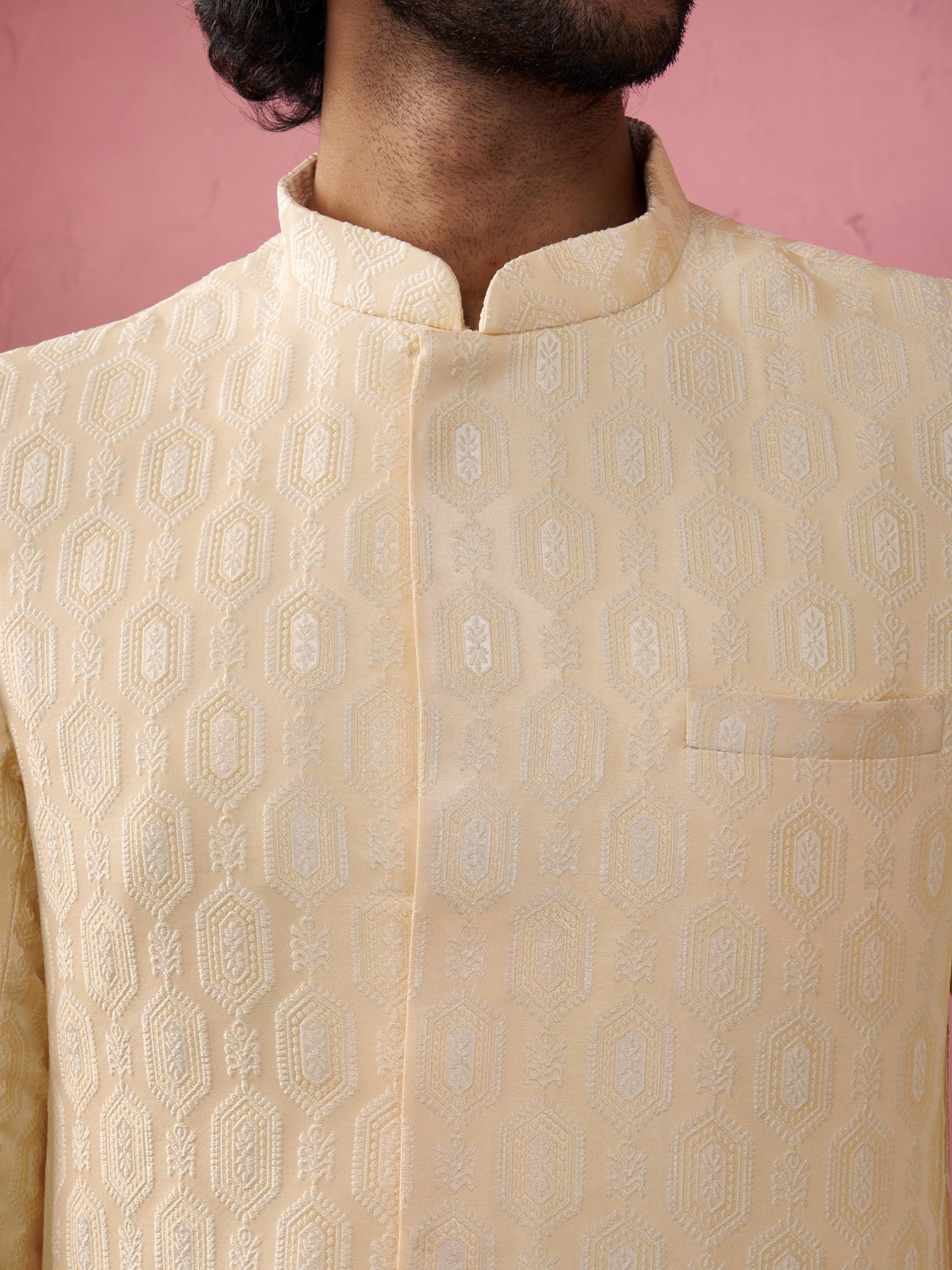 Beige Silk Blend Wedding Wear Men's Indo Western Set
