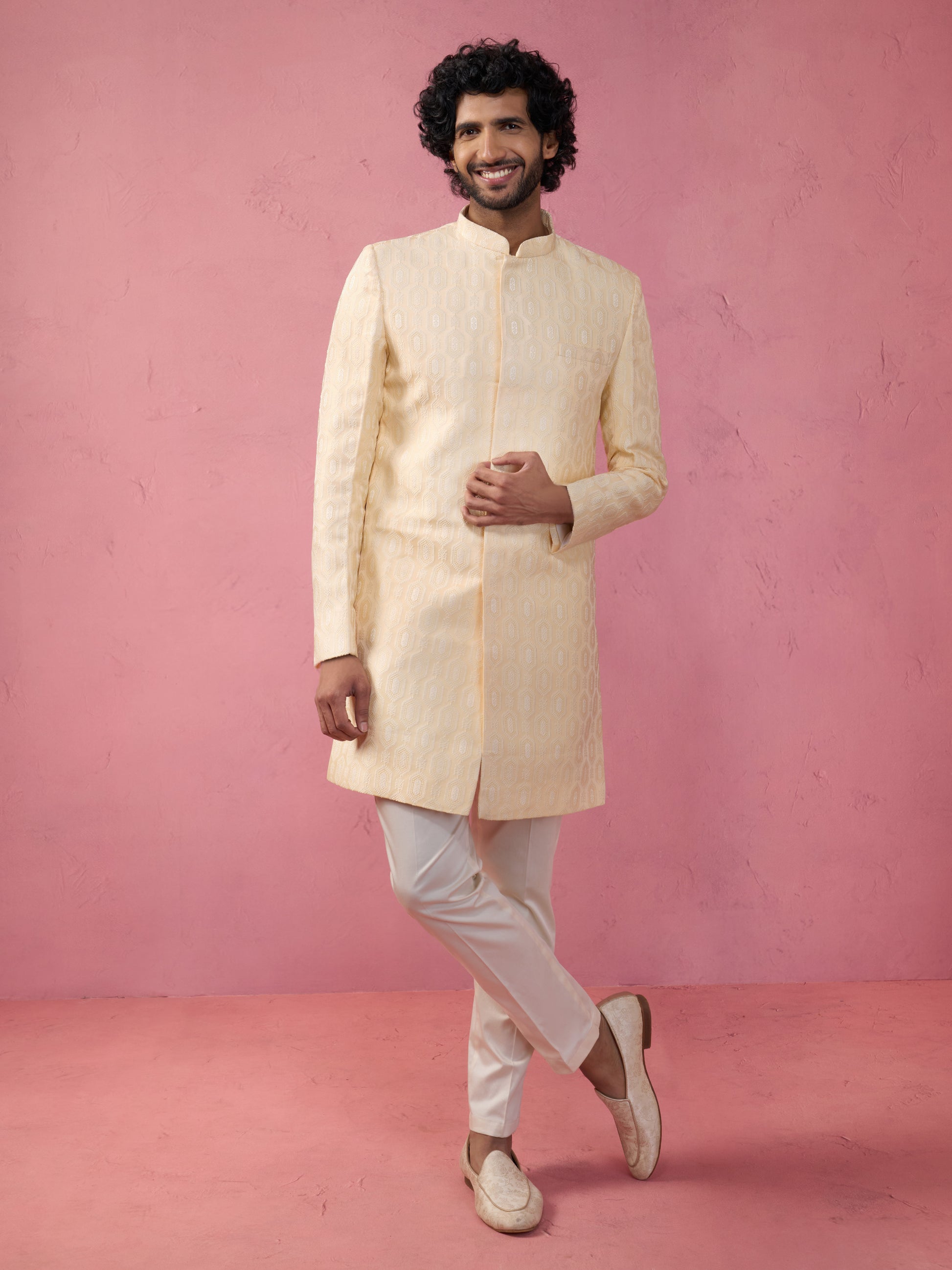 Beige Silk Blend Wedding Wear Men's Indo Western Set