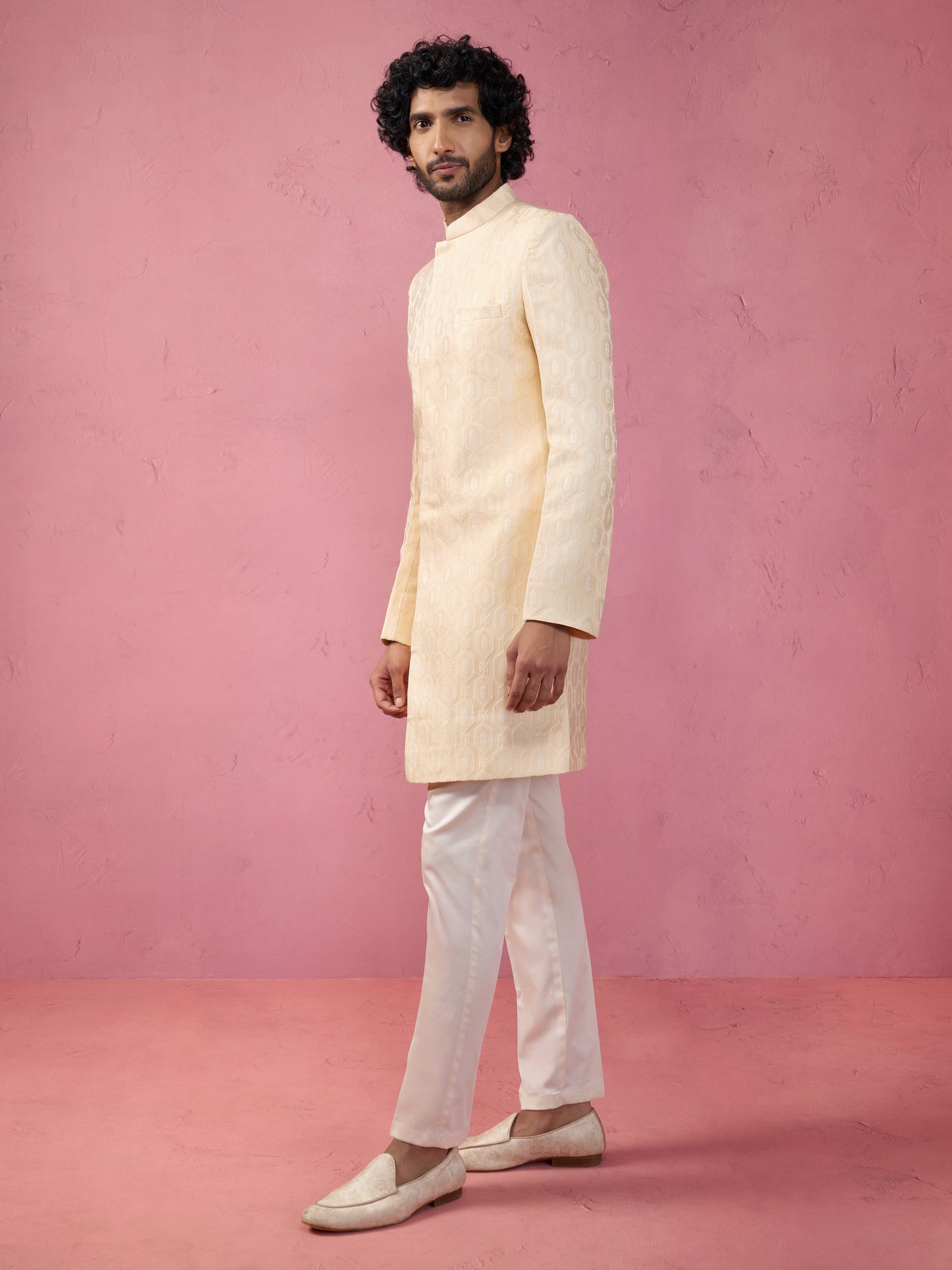 Beige Silk Blend Wedding Wear Men's Indo Western Set