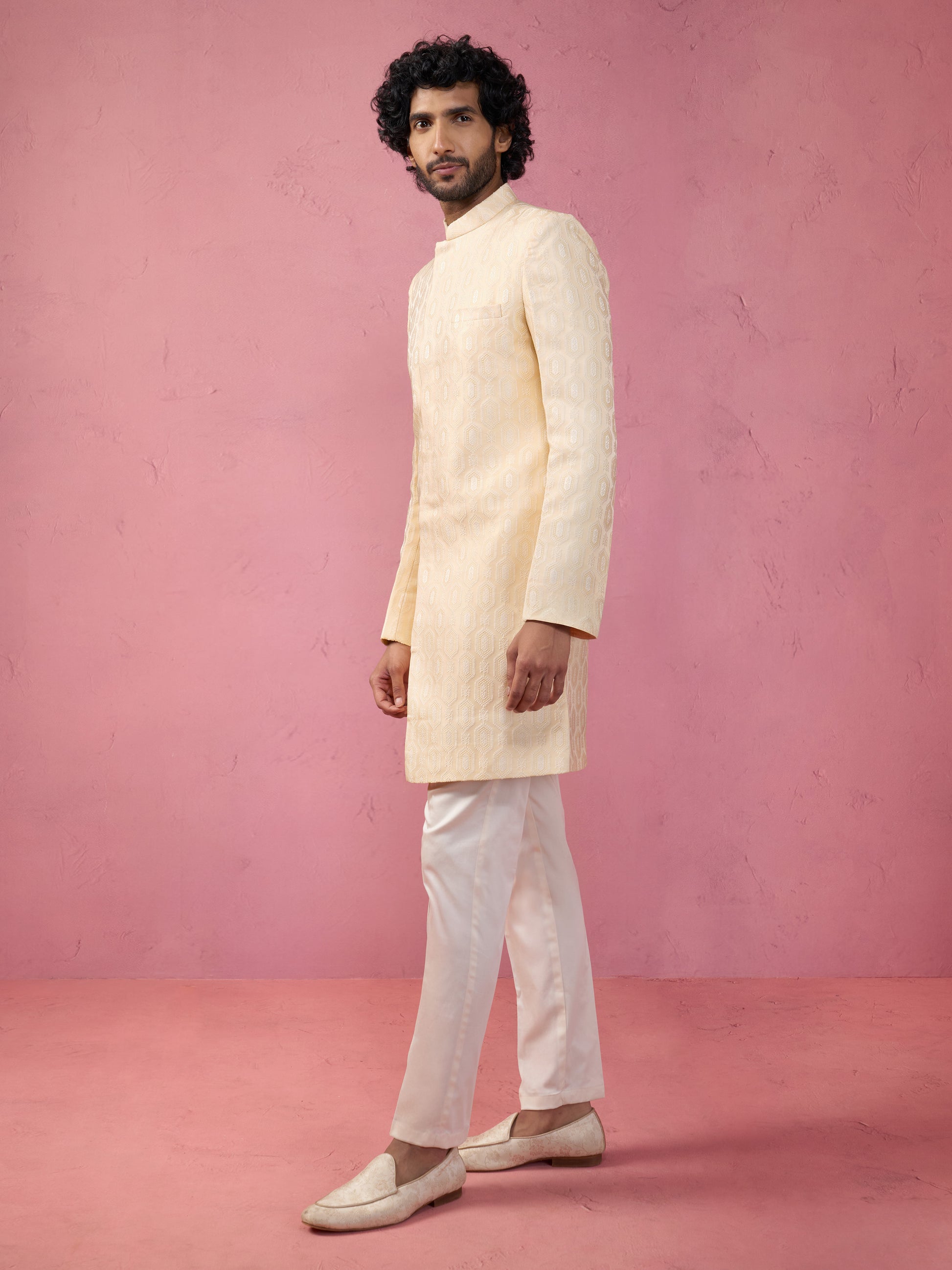 Beige Silk Blend Wedding Wear Men's Indo Western Set