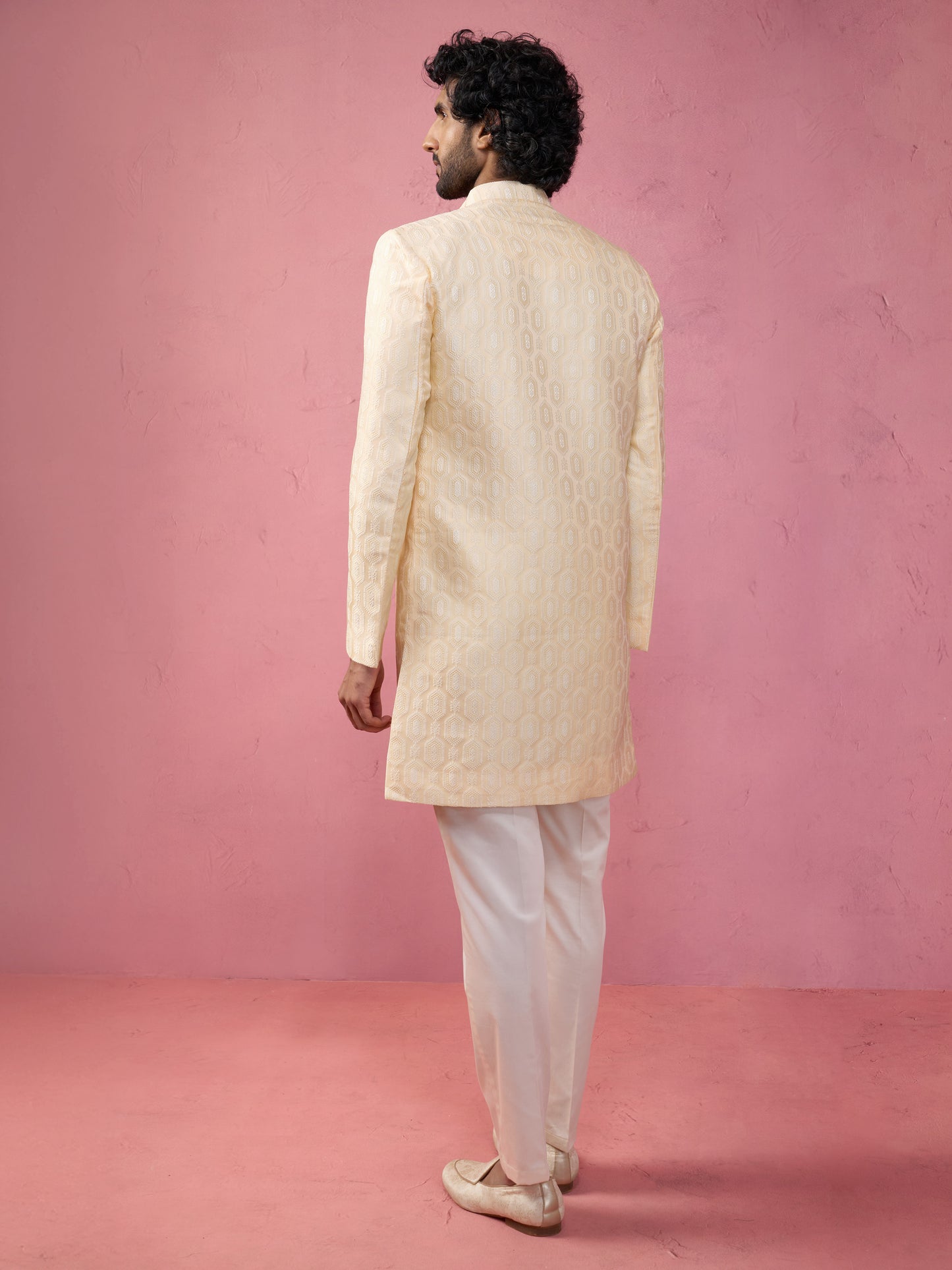 Beige Silk Blend Wedding Wear Men's Indo Western Set