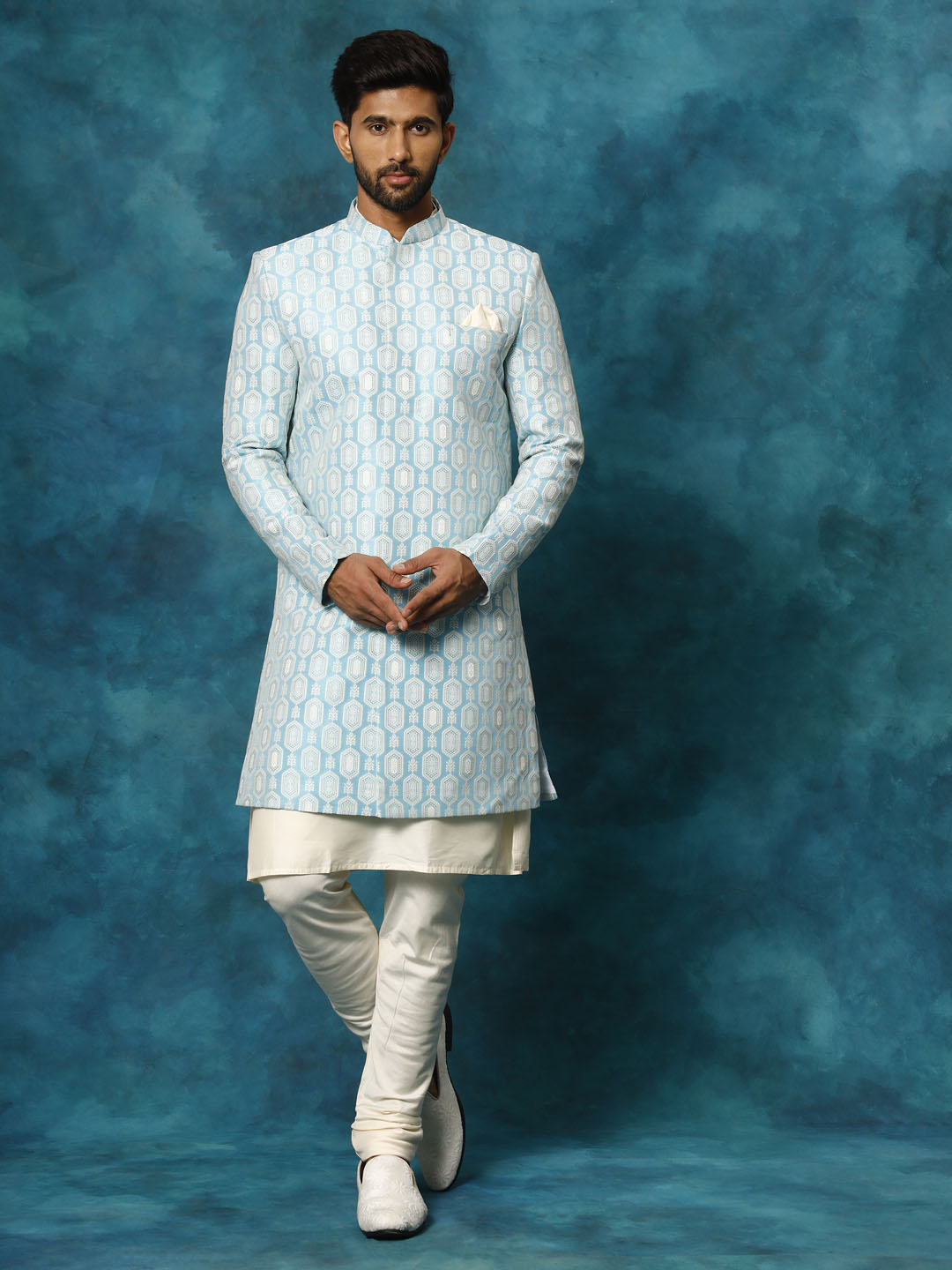 Blue Silk Blend Wedding Men's Indo Western Set