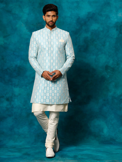Blue Silk Blend Wedding Men's Indo Western Set