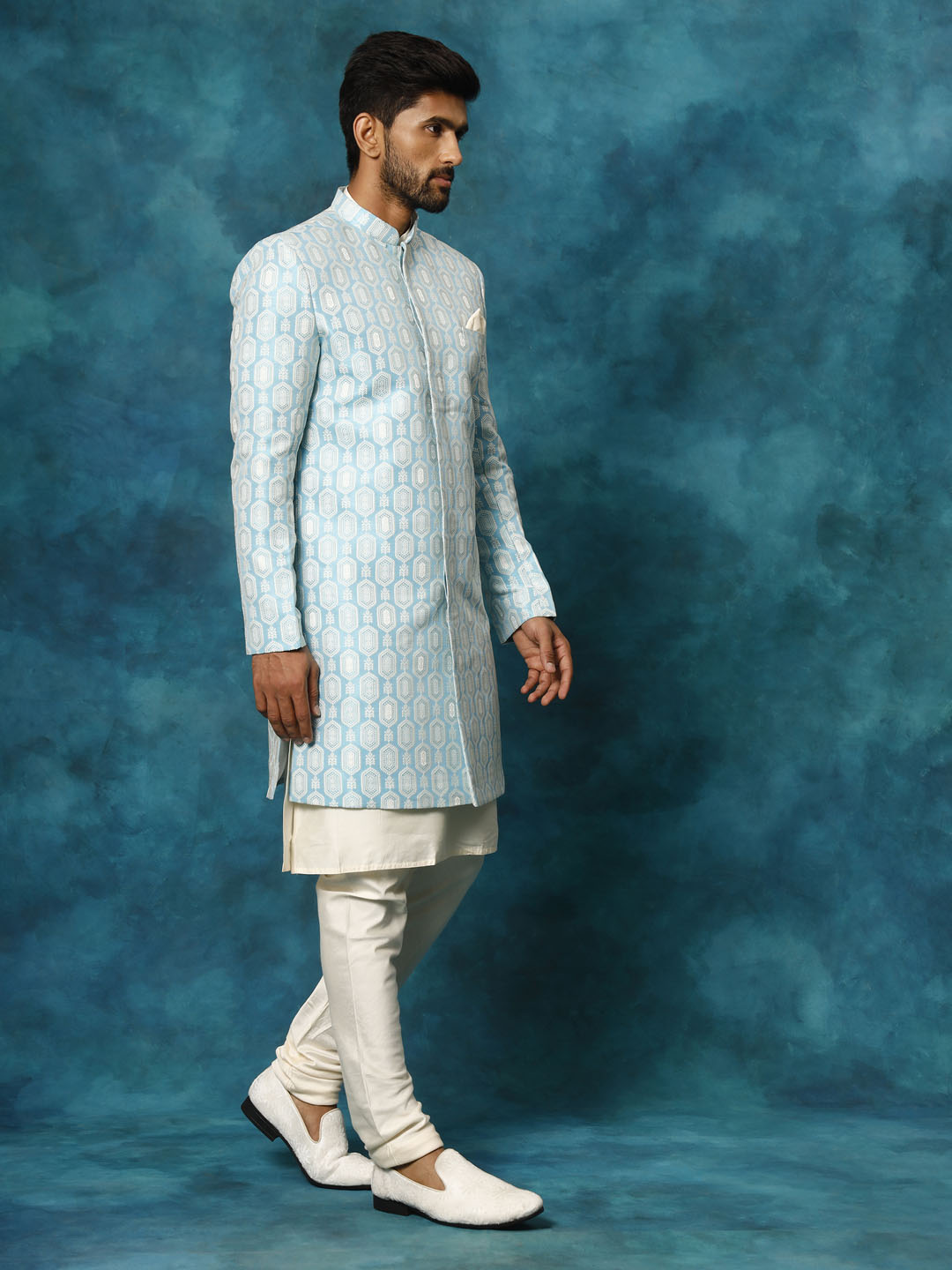 Blue Silk Blend Wedding Men's Indo Western Set