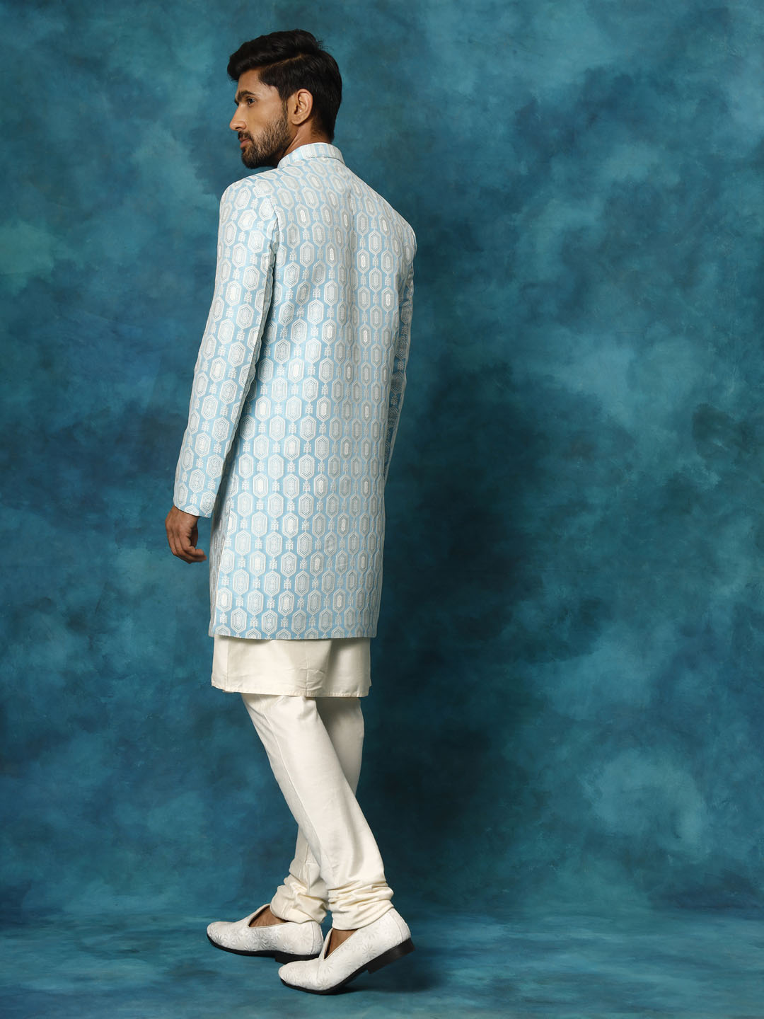 Blue Silk Blend Wedding Men's Indo Western Set