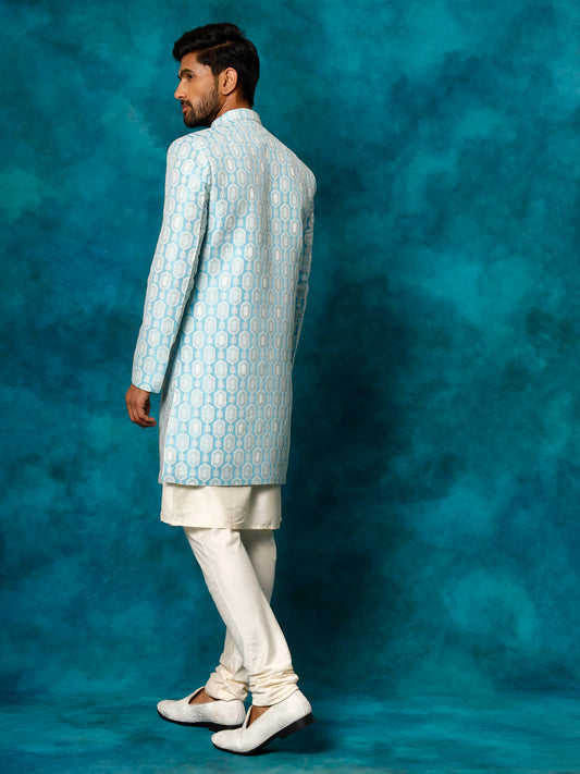 Blue Silk Blend Wedding Men's Indo Western Set