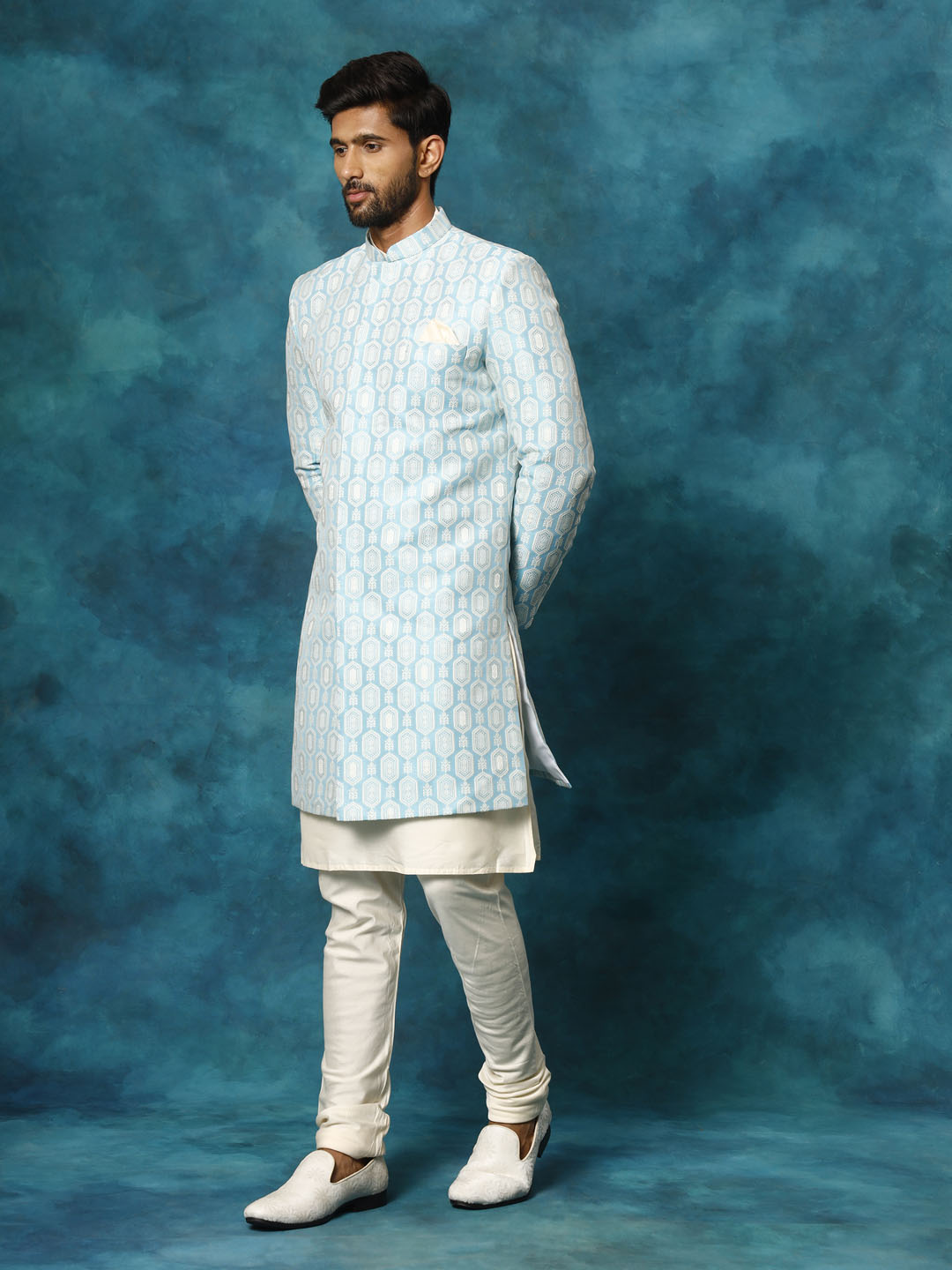 Blue Silk Blend Wedding Men's Indo Western Set