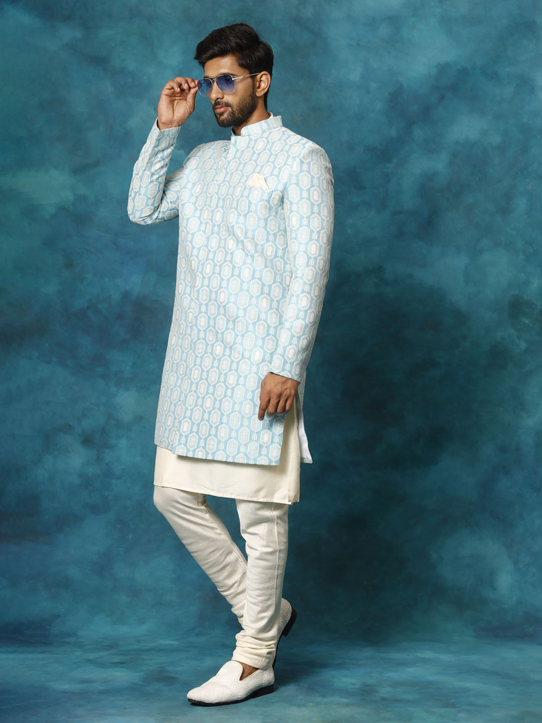 Blue Silk Blend Wedding Men's Indo Western Set