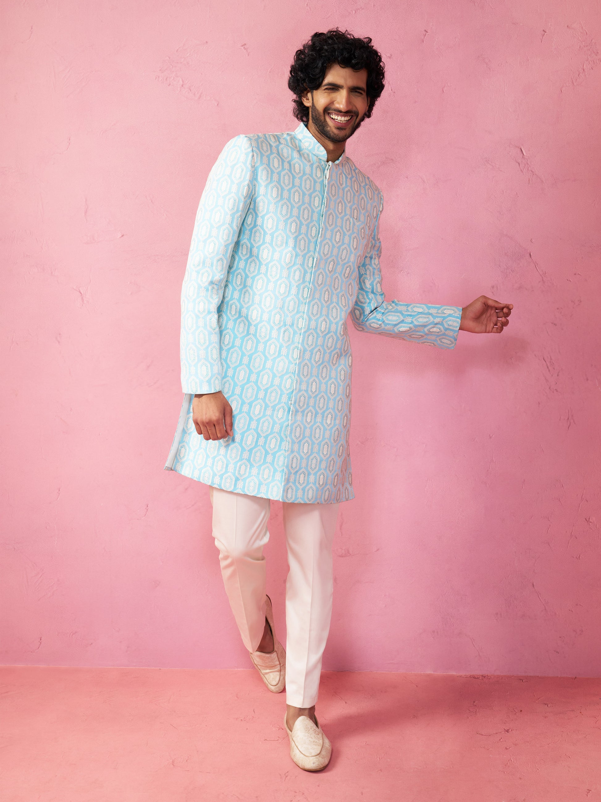 Blue Silk Blend Wedding Wear Men's Indo Western Set