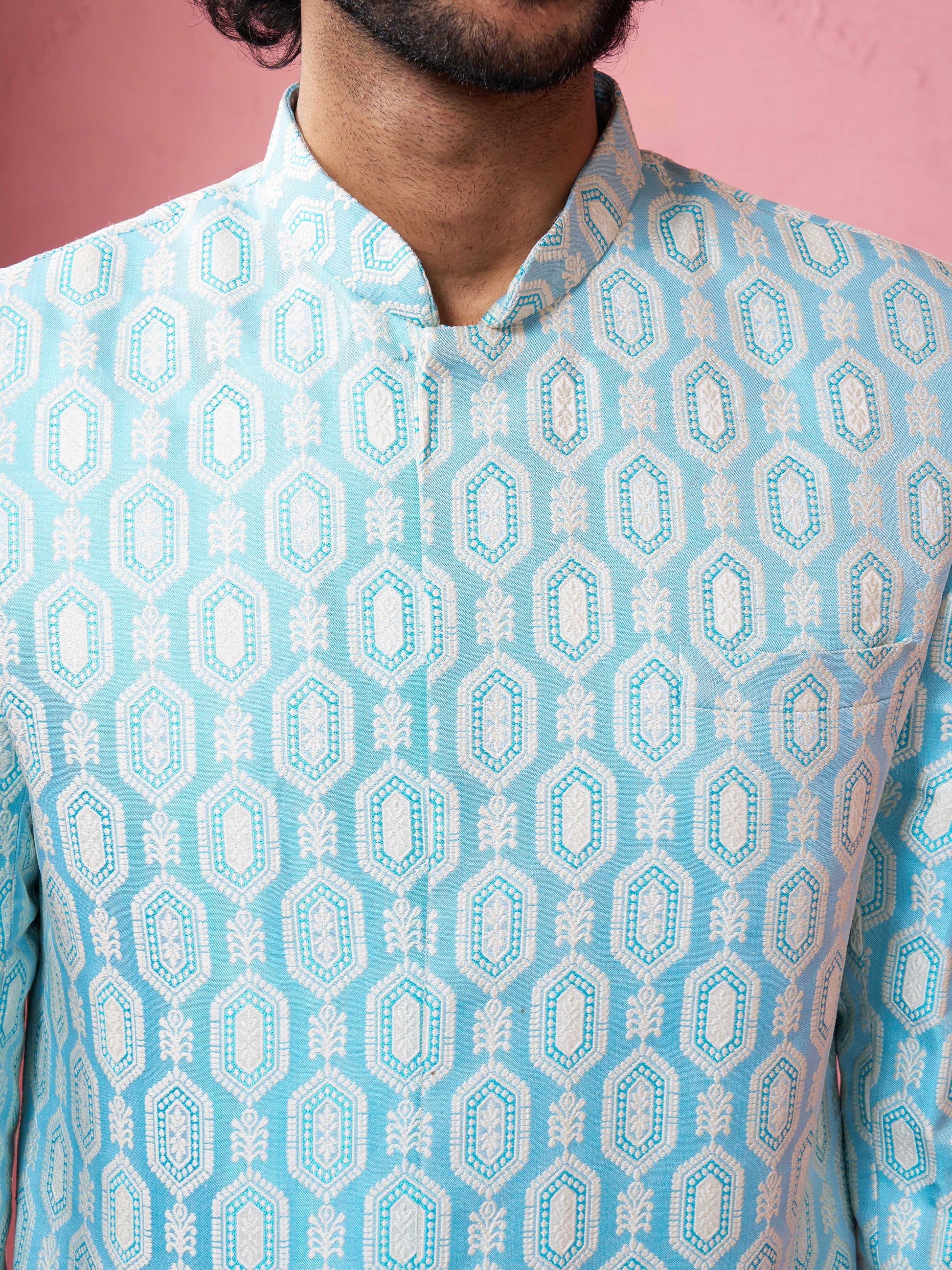 Blue Silk Blend Wedding Wear Men's Indo Western Set