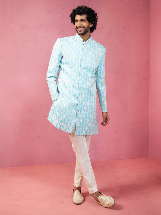 Blue Silk Blend Wedding Wear Men's Indo Western Set