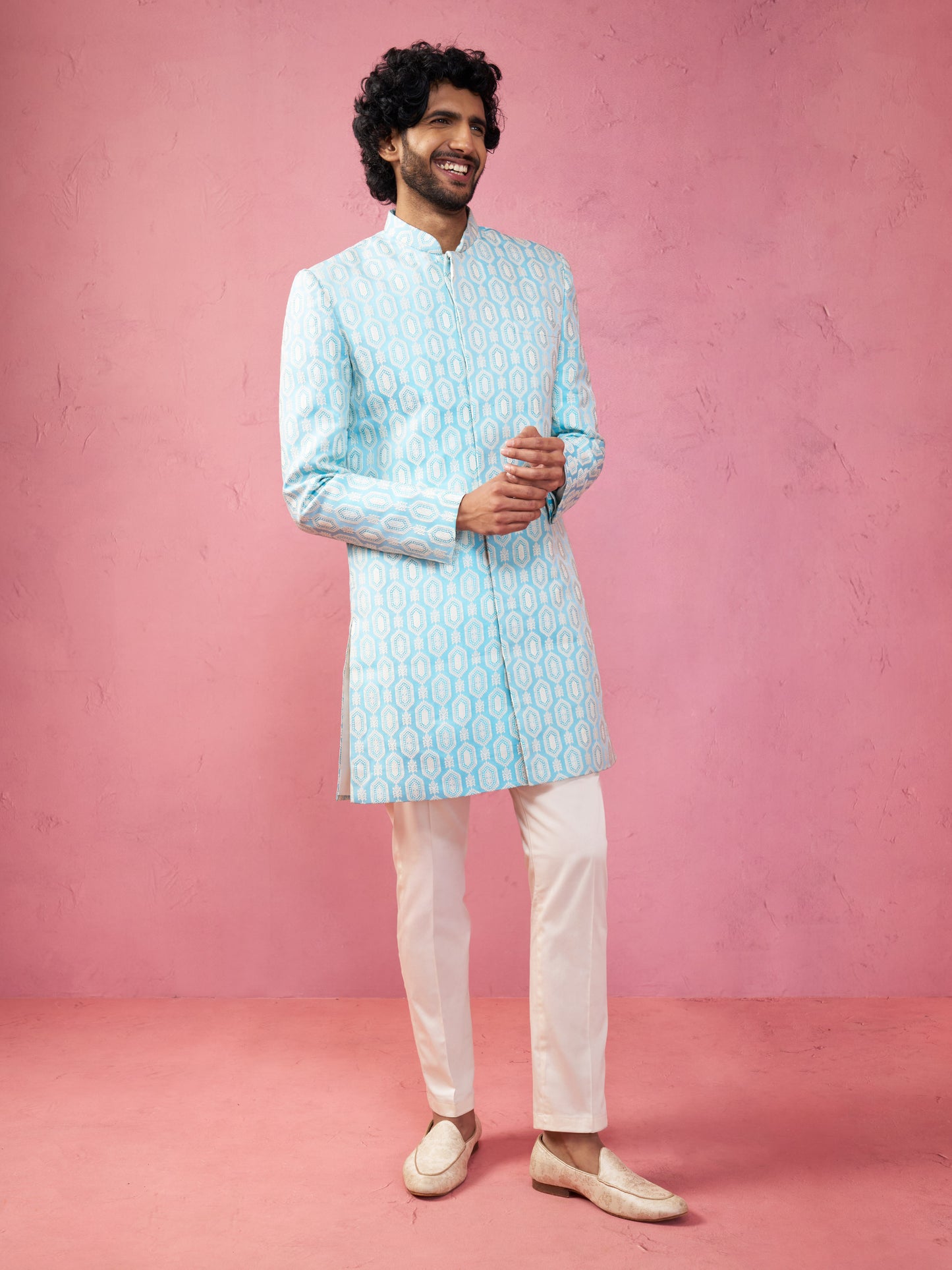 Blue Silk Blend Wedding Wear Men's Indo Western Set