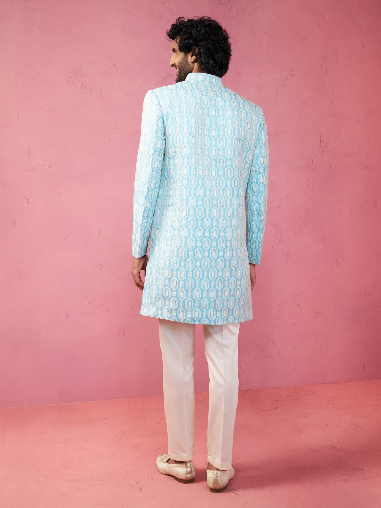 Blue Silk Blend Wedding Wear Men's Indo Western Set